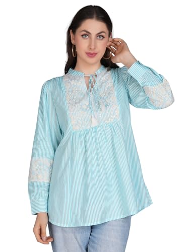 Blouse rayée turquoise col mandarin chemise bohème fleurs brodées femme