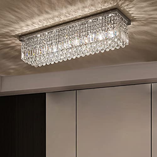Image of Ceiling Light for Dining Room, Flush Mount Modern K9 Crystal Light Fixture, Rectangular Chandelier for Kitchen Island, L29.5inch, Chrome Finish