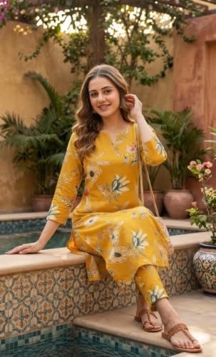 Image of CREATION & YOU Women Cotton Printed Kurta with Palazzo Set | Work /Office Wear Kurta Set for Women