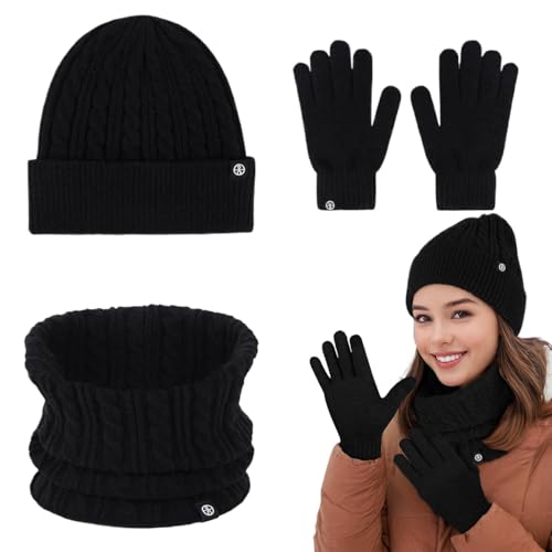 Sghtil Ensemble bonnet et écharpe pour femme – Ensemble bonnet et gants et écharpe chauds pour femme – Ensemble bonnet, gants et écharpe pour la fête des mères, Thanksgiving, Noël, la maison, Noir