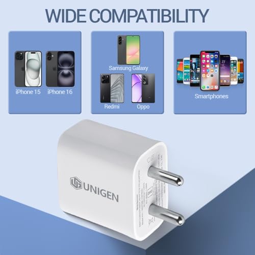 Image of UNIGEN 20W Type C Mobile Charger Adapter, Fast Charging for Android, iPhone 17 /16 /15 /14 /13,13 /12 /11 /X & Pro, Max Series & Other Type C Enabled Devices, PD Technology, BIS Certified (White)