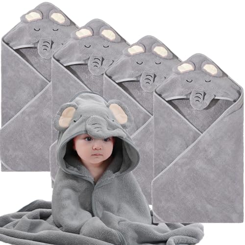 Image of kmilro Baby Hooded Towel, 4-Pack Baby Essentials Baby Towels for Boy and Girl with 31.5x31.5 inch Soft Ultra Absorbent Hooded Towel Set for Babies, Toddler, Infant (Gray Elephant), Large