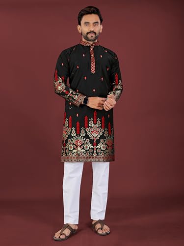 Image of Men's Cotton Silk Kurta with Jacquard Work Full Sleeves Floral Printed Side Slit and Mandarin Collar Neck | Kurta Pajama Set for Men Cotton Wedding | Short Kurta for Men