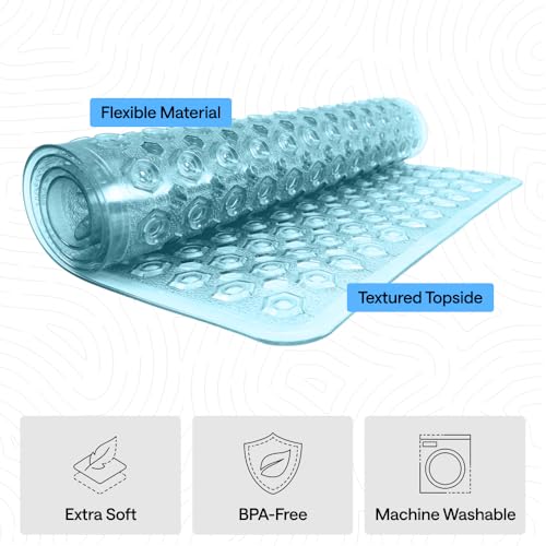 Image of GORILLA GRIP Patented Bath Tub Shower Mat, Machine Washable Bathtub Floor Liner Mats, Suction Cups and Drain Holes to Keep Tubs Clean, Soft on Feet, Bathroom Essentials, 35x16 Inch, Clear Turquoise
