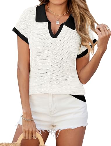 Image of ZAFUL Women's Short Sleeve Summer Sweaters for Women Lightweight Polo Sweater Shirts Lapel V Neck Pullover Knit T Shirts
