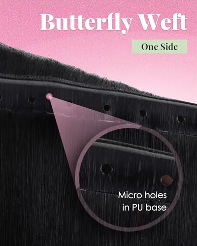 Image of YoungSee 100g 28 Inch Butterfly Weft Hair Extensions Human Hair, Jet Black Butterfly Weft Extensions for Women, Black OVO Wefts Hair Extensions, Long Straight Hair Add Hair Length