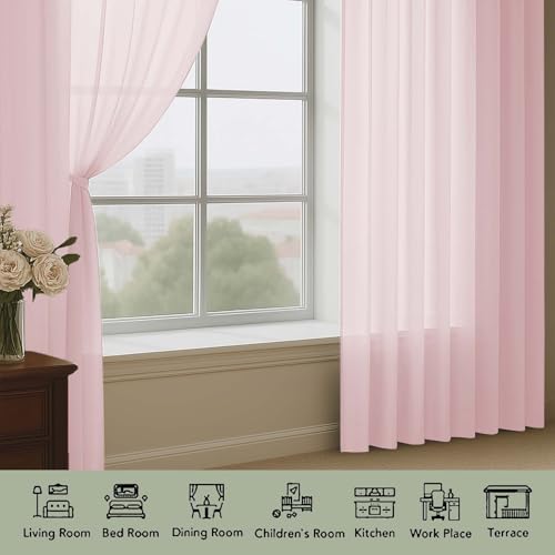 Image of OWENIE Sheer Curtains 84 Inches Long 2 Panels Set, Sheer Blush Curtains for Living Room Bedroom 59 Inch Extra Wide, Modern Voile Filmy Rod Pocket Drapes, 2 Pcs, Each 59 W x 84L, Blush