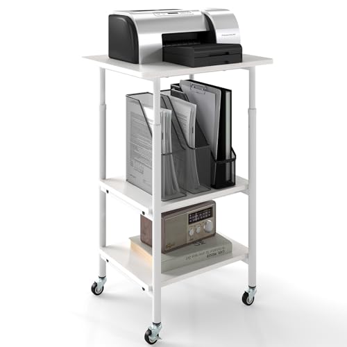 GIANTEX Support Imprimante Réglable en Hauteur, Meuble Imprimante Mobile, Etagere Roulette à 3 Niveaux pour Fax, Dossiers, Scanners, Étagère de Rangement...