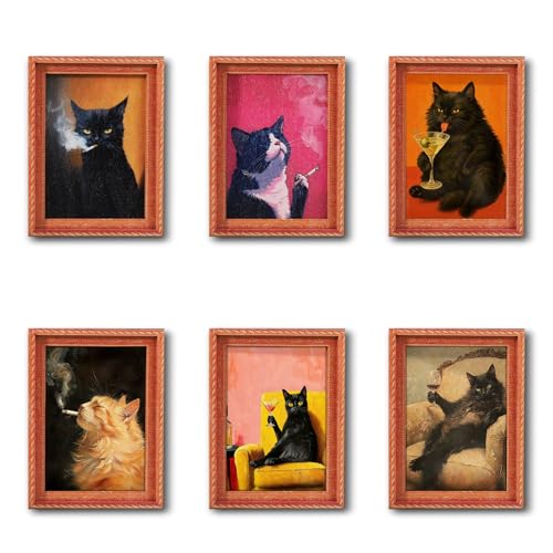 Cat Fridge Magnets Cute Cool Cat 3D Wood Magnet Funny Art Frame Designs Decorations for Refrigerator Garage Door or Kitchen Removable Indoor Outdoor Magnetic Decals 6Pcs