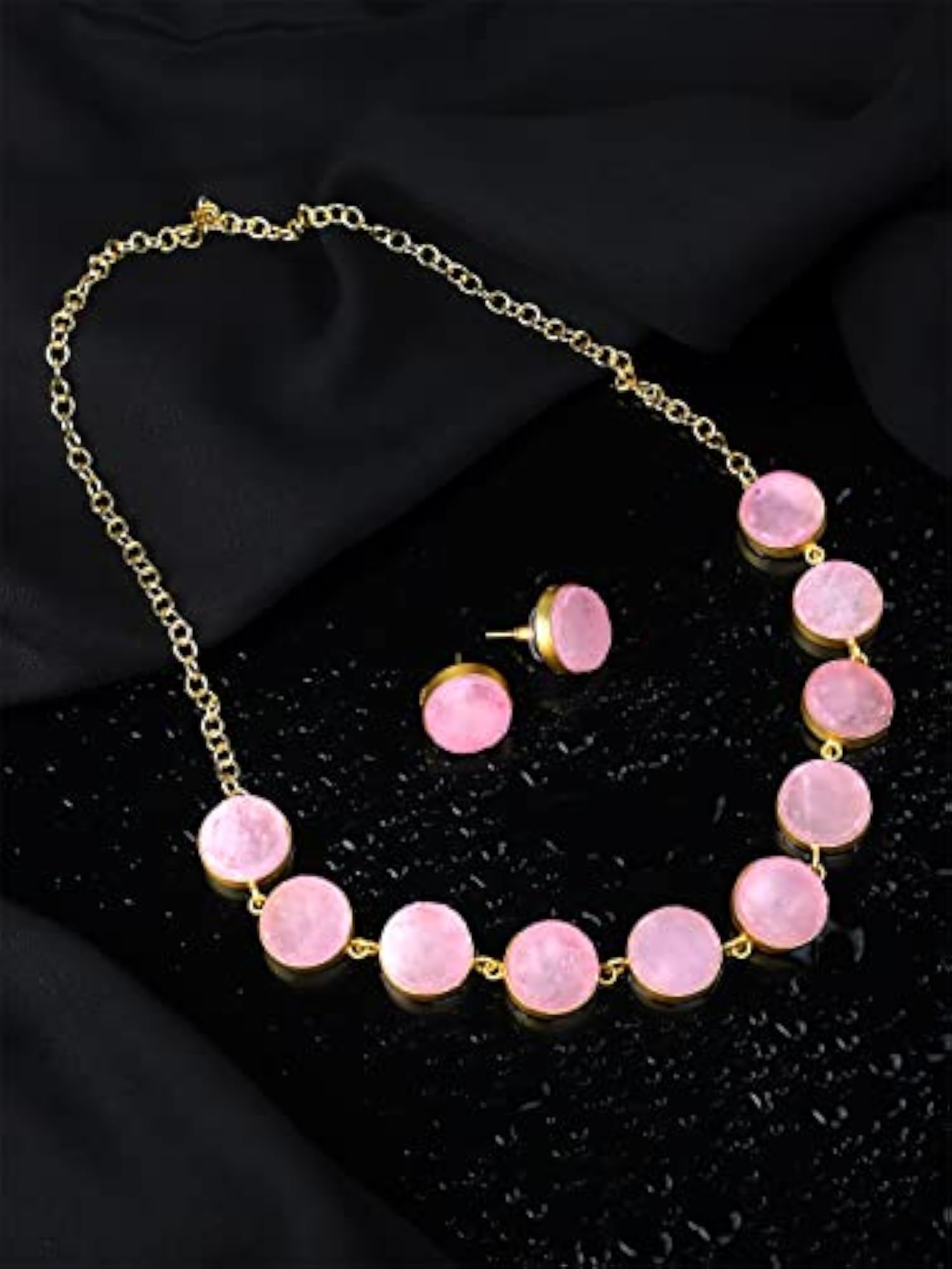 Women's Gold Plated Pink Stone Choker Necklace Set with Earrings