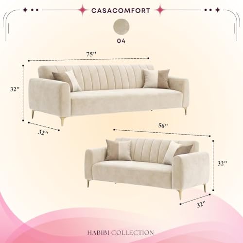 Image of Habibi Rich Velvet Suede 3+2 Seater Sofa Set | Spacious Soft Touch Comfort Seating | 5 Person Seating | Modern Living Room Sofa Set (Cream)