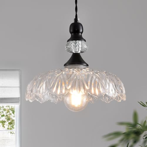 GEFOUN Vintage Glass Pendant Lights Fixture Modern Black Chandelier Adjustable Hanging Light Farmhouse Kitchen Island Lighting for Bedroom Dining Room Living Room Hotel