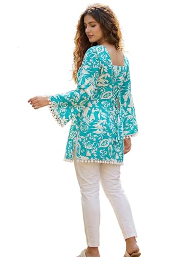 Image of Women's Premium Viscose Rayon Floral Printed Short Kurti | Stylish Bell Sleeves with Pom-Pom Lace | Teal Blue Tunic Top for Jeans & Office Wear