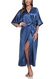 VOGTORY Women's Long Satin Robes Silky Kimono Bathrobe Bride Bridesmaids Sleepwear Dressing Gown with Pockets Navy