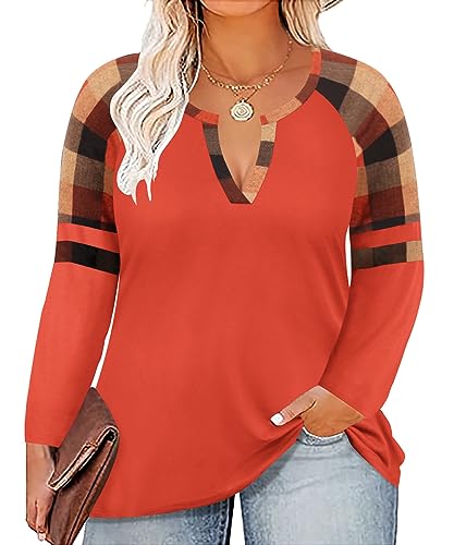 Image of CARCOS Plus Size Tops for Women Long Sleeve Fall Tunic Color Block Camo /Plaid /Leopard /Fall Blouse Crewneck Tshirt XL-5XL