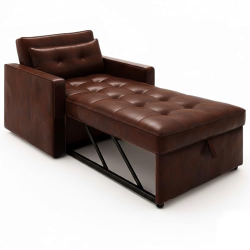 Image of FURNY Tressa 1 Seater Leatherette Pull-Out Sofa Cum Bed Set (Dark Brown) Premium Finish | Comfortable & Durable | Ideal for Living Room