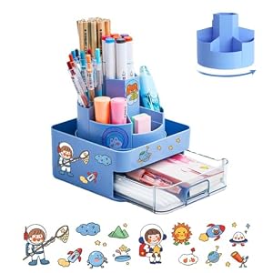 Fokecci Portapenne Rotating Pen Holder with Drawers, 11 compartimenti, Rotatable Large Capacity, Desk Organiser Various Stationery Pen Organiser for Pens Office Home School