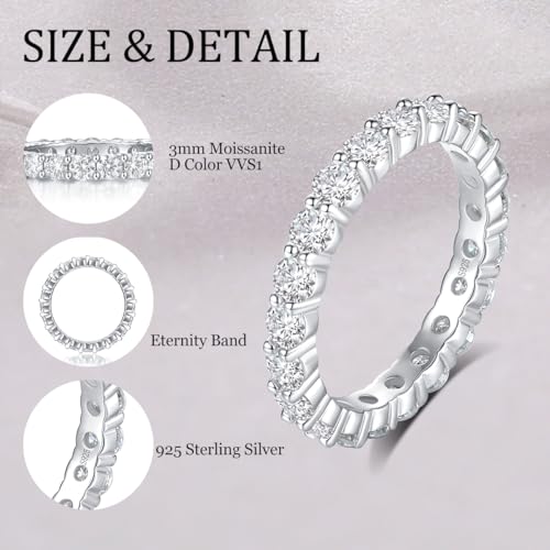 Moissanite Wedding Band Ring,3mm Wdith Full Eternity Moissanite D Color VVS1 Simulated Diamond Rings 925 Sterling Silver Prong Setting,Anniversary and Bridal Gift for Women Wife2