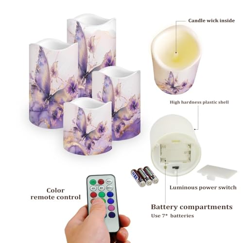 Image of Purple Butterfly Marble Flickering Flameless Candles with Remote LED Pillar Candles Battery Operated with Timer Color Changing Electric Candles Decoration
