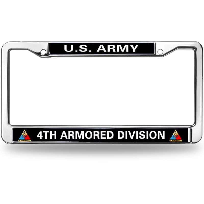 Image of US Army 4th Armored Division License Plate Frame, Stainless Steel Tag Holder
