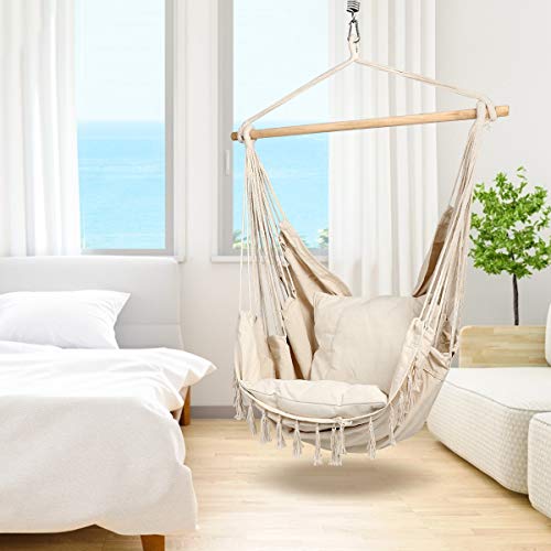 CCTRO Large Hammock Chair | Hanging Rope Swing Seat for Indoor & Outdoor | Soft & Durable Cotton Canvas | 2 Cushions Included with Pocket for Bedroom, Patio, Porch (Beige)