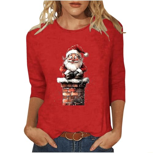 Christmas Shirts for Women Trendy Wine Glass Graphic 3/4 Sleeve Crewneck Tunic Blouses Casual Funny Xmas Holiday Tops