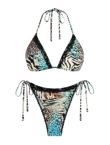 Image of ZAFUL Bikini Sets for Women Halter Bow Decor Tiny Floral Gingham Print Swimsuit Tie Side 2 Pieces Bathing Suit