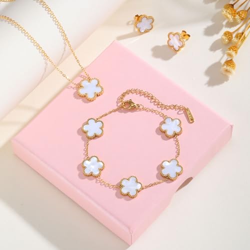 Gold Necklaces Bracelets Earring Set - 18K Gold Plated Flower Bracelet Chain,Stainless Steel Non Tarnish Floral Pendant Stud Jewelry Sets,Christmas Birthday Lucky Gift for Mom Wife Daughter Girlfriend2