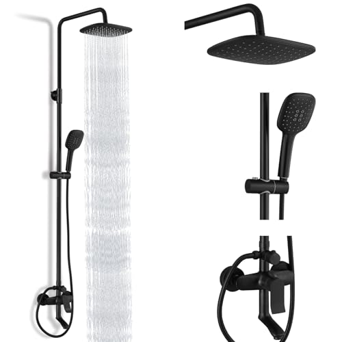 Sistema de ducha expuesto negro mate, juego de grifo de ducha de triple función, cabezal de ducha de lluvia de 9 pulgadas con pulverizador de mano, juego completo ajustable de boquilla de