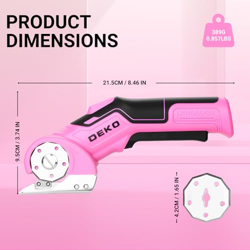 Image of Cordless Electric Scissors Cardboard Cutter: DEKOPRO 4V 2000mAh Electric Box Cutter, Rechargeable Power Rotary Cutter with Safety Lock, 389g Carpet Cutter with 2 Blade, Type-C Charging(Pink)