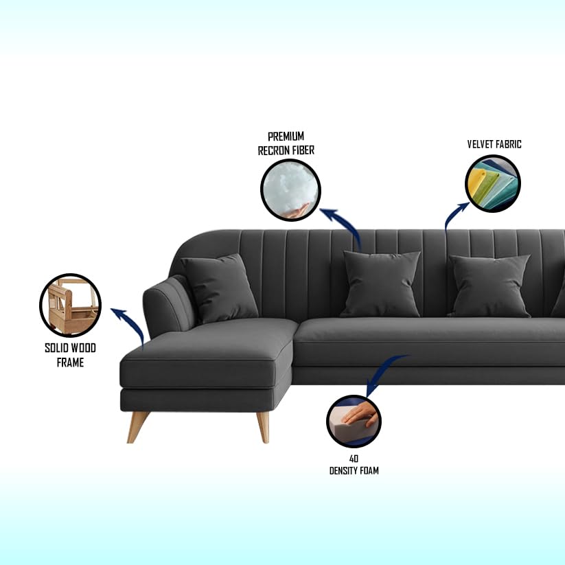 Image of Atticus RHS 6 Seater L Shape Sofa Set for Living Room (Black Fabric) Premium Fabric Sofa Set