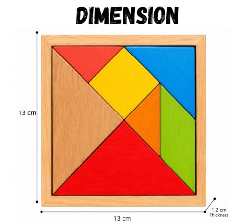 Image of Wooden Tangram Puzzle for Kids, 7 Piece Educational Brain Teaser Puzzle Game, Colourful Wooden IQ Learning Toy, Shape Matching & Pattern Building Travel Game for Boys & Girls Age 3+ Years