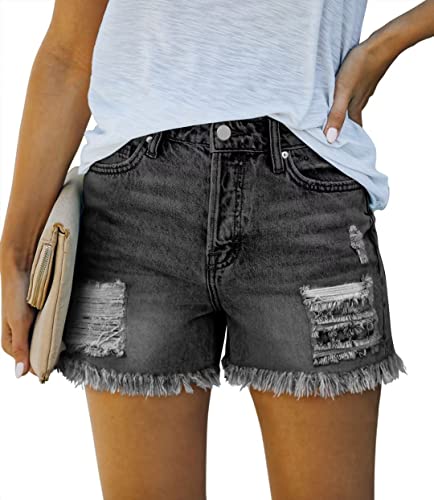 Zolucky Women Distressed Elastic Mid Waist Frayed Raw Hem Shorts Casual Short Blue Jean Shorts For Women #TOP13