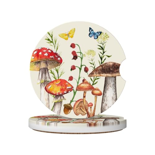 Image of Mushroom Butterfly Car Coasters for Cup Holder Absorbent Ceramic Cup Coaster 2 Pack Anti Slip Car Interior Accessories with Finger Notch Cork Base for Women Men 2.56 inch