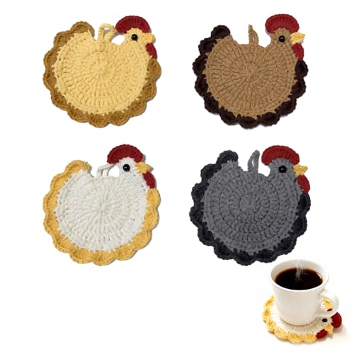 Cute Coasters, Handmade Crochet Chicken Set of 4, Cute Coasters for...