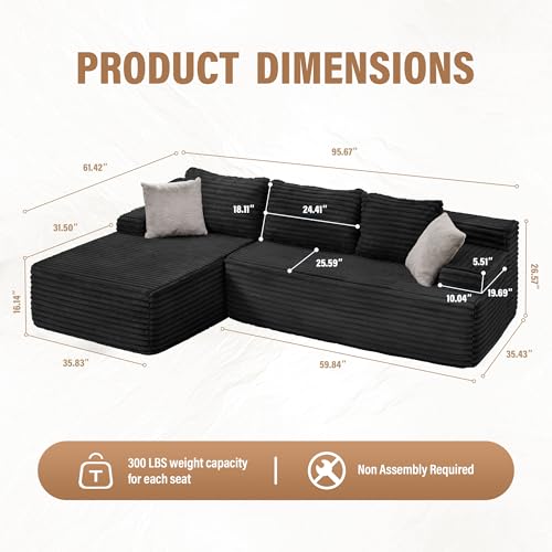 Hobestluk Modular Sectional Couch Sofa,96" Boneless Couches for Living Room, Memory Foam Sectional Couch with Oversized Chaise,L-Shape Couches (Black, Left Facing) - Image 3