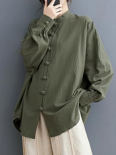 Women\'s Linen Shirts Oversized Blouses Kimono Vintage Long Sleeve Jackets Loose fit Chinese Frog Button Cape Trench Tops (US, Alpha, Large, Regular, Regular, Vintage Green)