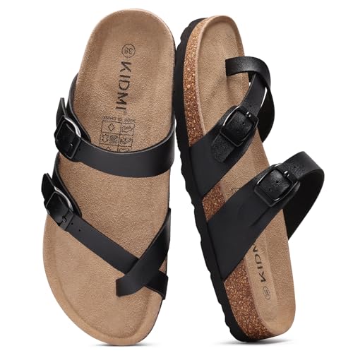 Image of KIDMI Women's Cork Footbed Sandals with Toe Loop, Comfortable Summer Slip-On Slides with Adjustable Buckle