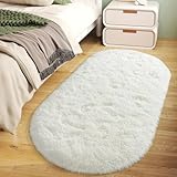 Soft Fluffy Area Rug for Bedroom, Cream White Fuzzy Shaggy Oval Throw Rugs for Bedside, Non-Slip Cozy Plush Shag Carpet for Kids Room Nursery Dorm Living Room, 2.6 x 5.3 Feet