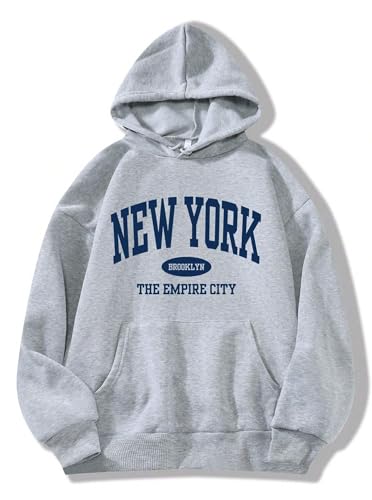 Hilinker Womens Graphic Oversized Hoodies Drawstring Long Sleeve Sweatshirt with Pocket Gray New York B Large