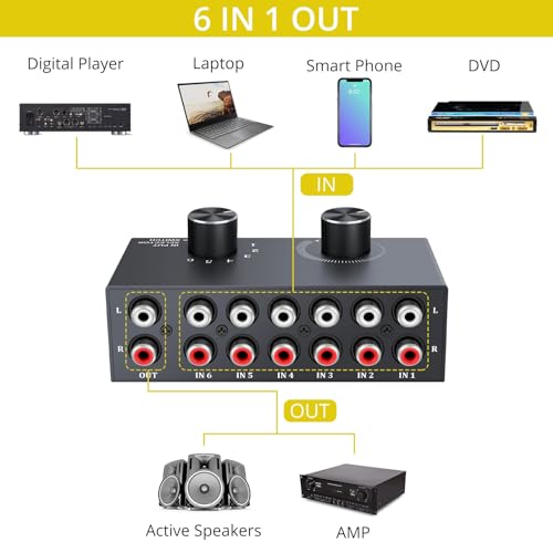 PROZOR Cinch Umschalter 6x1/1x6 Bidirektional Audio Umschalter Switch mit Lautstärkeregler RCA Stereo Analog Audio Adapter Plug & Play für Umschalten von mehreren Stereoanlagen/Audioquellen