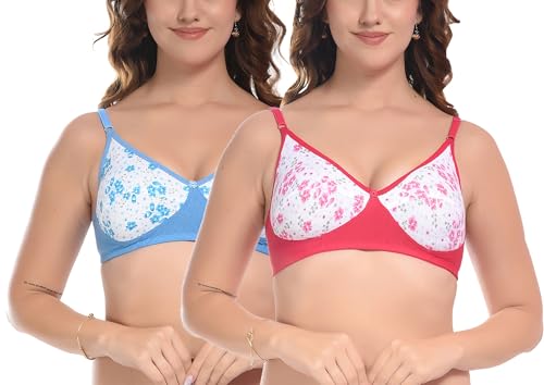Image of FIMS - Fashion is my style Women Cotton Blend Floral Bra Non-Padded Non-Wired Full Coverage T-Shirt Combo Pack Multicolor Cup- B