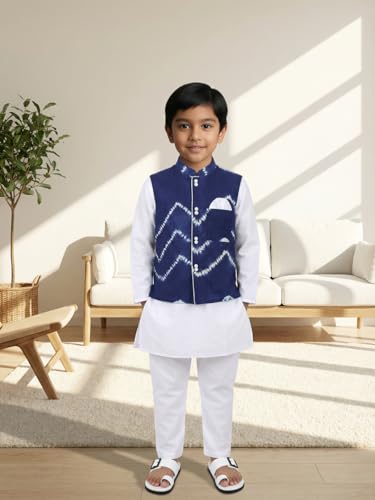 Image of Pspeaches Boys Ethnic White Cotton Full Sleeve Mandarin Collar Solid Kurta & Pyjamas 2 Piece Set