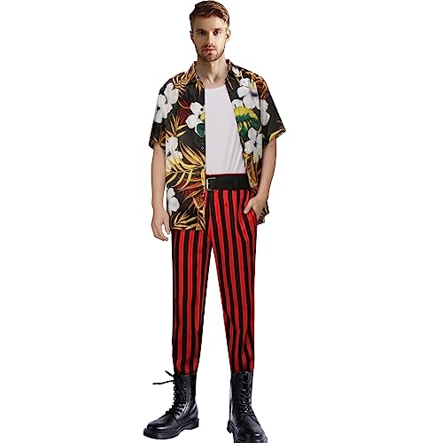 Hommes Animaux de Compagnie Détective Film Jim Carrey Costume Fantaisie Chemise Hawaïenne Pantalon Rayé Rouge et Noir Gilet Ceinture Carnaval Halloween Cosplay (S, Multicolore)