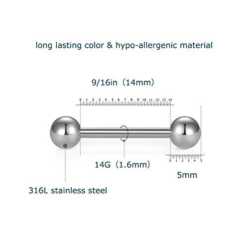VCMART 14G Tongue Rings Nipple Straight Barbells Surgical Steel Body Piercing Jewelry 14mm3