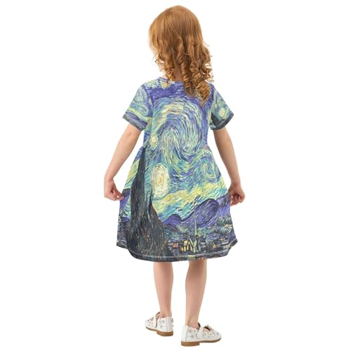 ALAZA Van Gogh's Starry Night Girls Dress Short Sleeve Toddler Casual Dresses Summer Sundress 2-8T3
