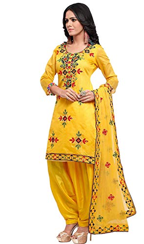EthnicJunction Women's Chanderi Cotton Embroidered & Mirror Work Unstitched Salwar Suit Material