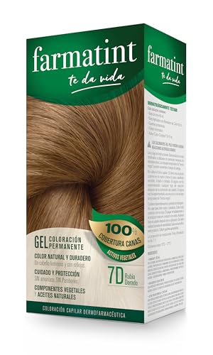 Farmatint Gel 7D Rubio Dorado | Color natural y duradero | Componentes vegetales y aceites naturales | Sin amoníaco | Sin Parabenos | Dermatológicamente testado, 135ml
