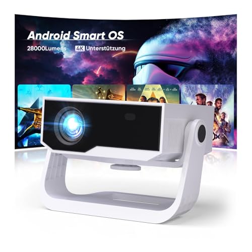 2026 Neuer Smart Beamer 4K Unterstützung, Android 11, Full HD 1080P, 28000 Lumens, WiFi 6 & BT 5.2, 120° Verstellbarer Ständer, Elektrischer Fokus, Trapezkorrektur, Heimkino Beamer für Switch/PS5