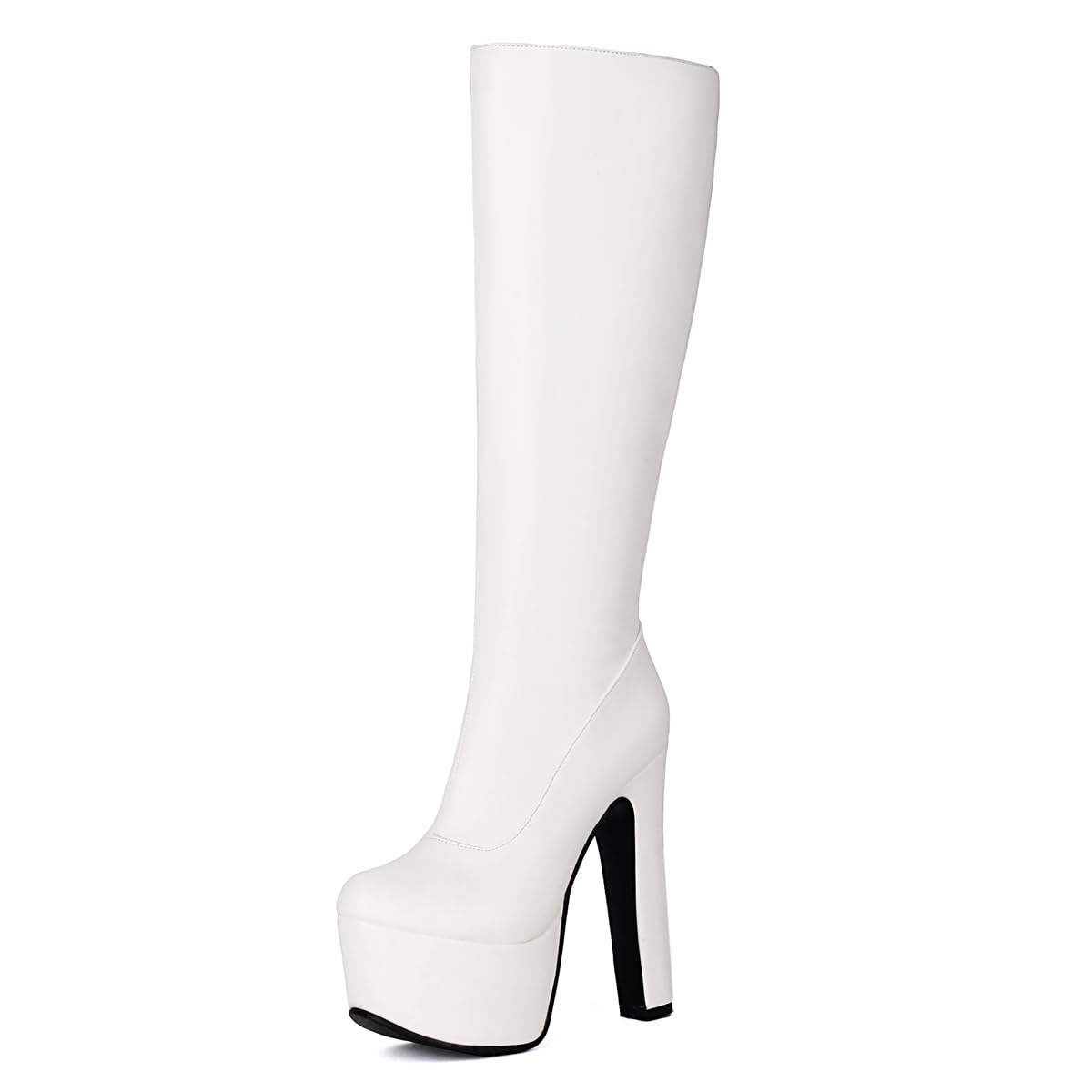 Fashion Platform High Heels Knee High Boots For Womens Round Toe Zipper Tall Wide Calf Dressy Boots